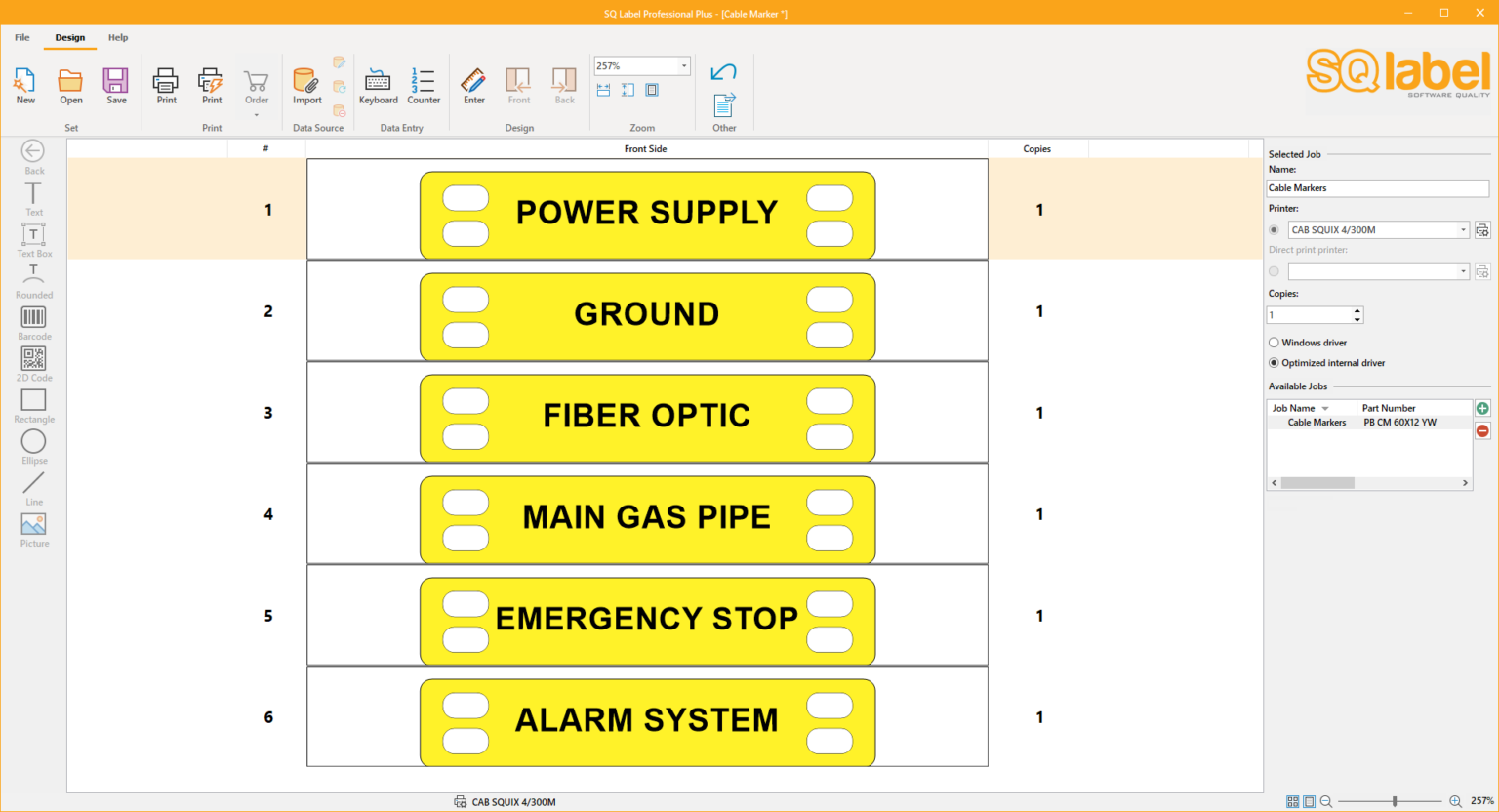 Cable Marker Printing Software - Design & Print Cable Markers with SQ Label